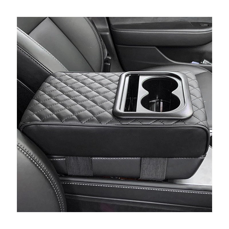 Suvnie Car Center Console Armrest Pillow  14""?8.3"" Memory Foam Auto Armrest Box Cover with Cup Holder & Phone Holder  Waterproof Leather Arm Rest Protector Cushion  Car Accessories (Diamond Pattern) - Image 1